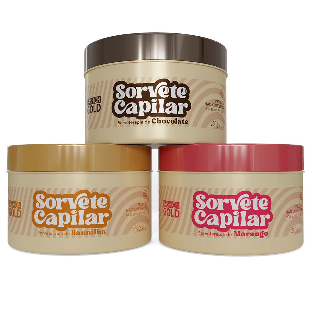 Combo Sorvete Capilar – Sorveterapia de Chocolate, Morango e Baunilha 250g – Fashion Gold